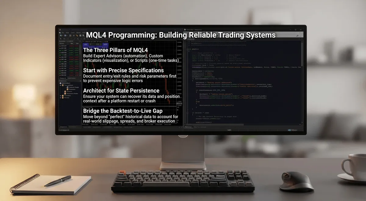 MetaTrader 4 terminal showing a forex chart alongside MQL4 code in the MetaEditor — the development environment for building Expert Advisors and custom indicators