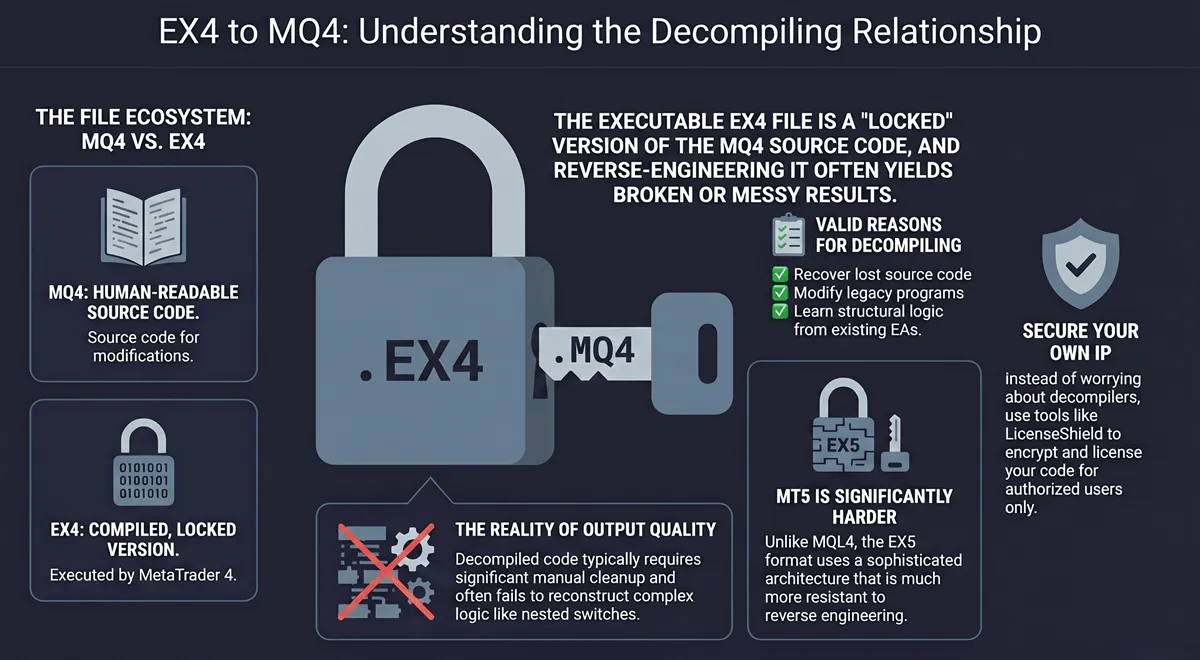 Padlock labelled EX4 with a key labelled MQ4 inserted into the keyhole, illustrating the MQL4 decompiling relationship between compiled and source formats