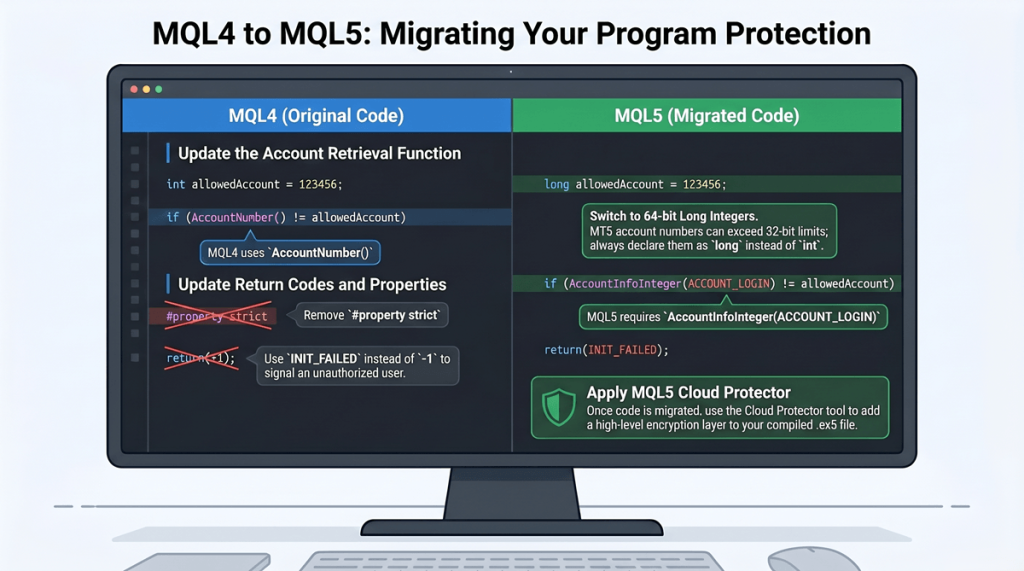 Side-by-side comparison of MQL4 and MQL5 account restriction code showing the AccountNumber() to AccountInfoInteger(ACCOUNT_LOGIN) migration