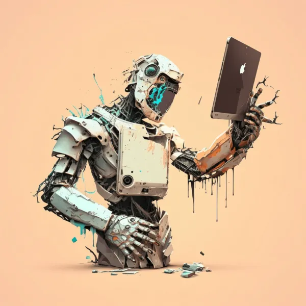 Broken robot holding a computer screen in one hand