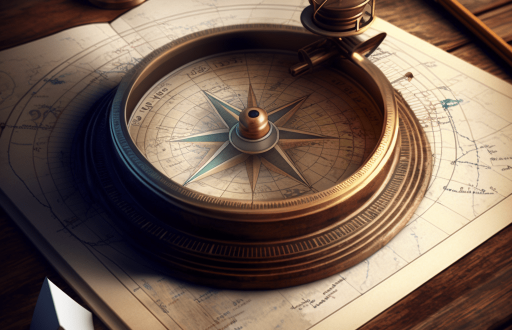 Modern compass drawing a circle on an antique desktop