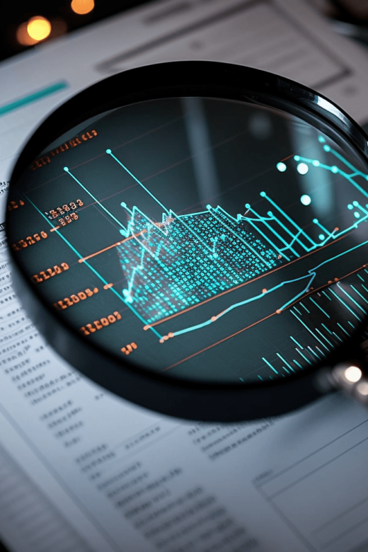 A magnifying glass over a data file with a financial chart in the background