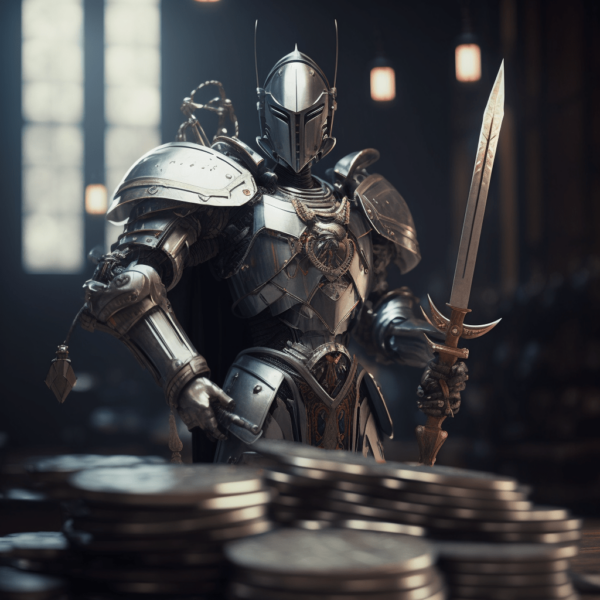A robot holding a shield and sword standing guard over a stack of money