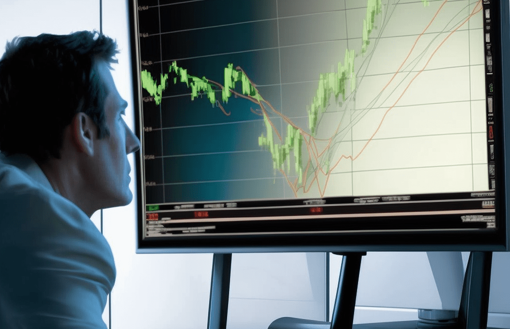 A trader looking at a computer screen with the two moving averages plotted on a price chart