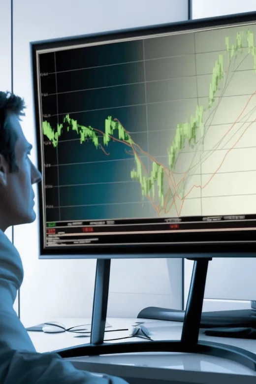 A trader looking at a computer screen with the two moving averages plotted on a price chart