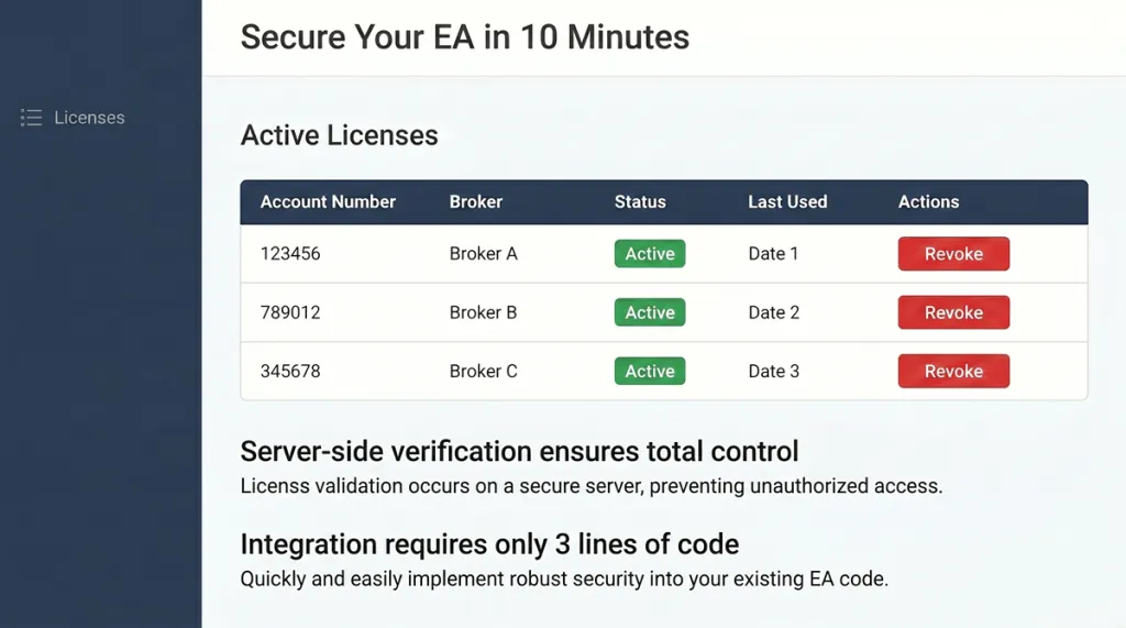 LicenseShield dashboard showing active MT4 license entries with account binding and remote revoke controls