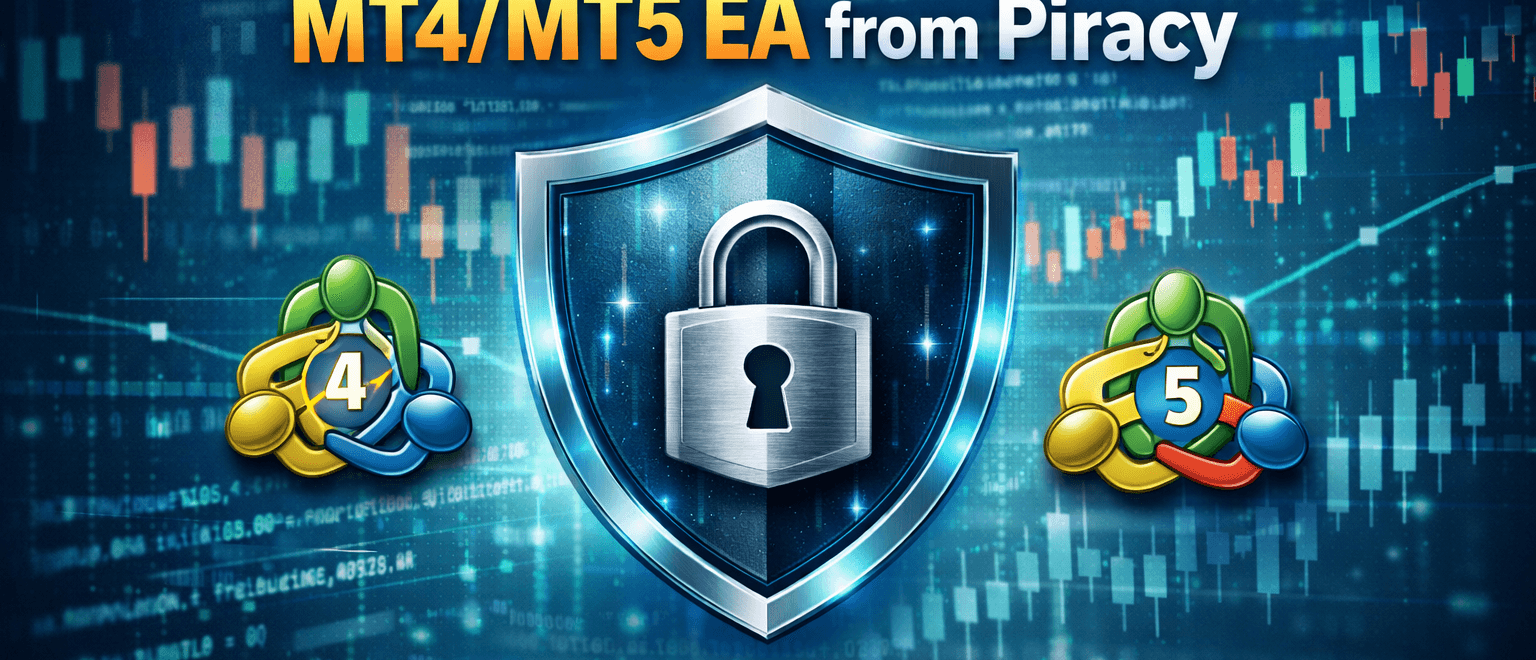 Security shield protecting an MT4 and MT5 Expert Advisor from software piracy