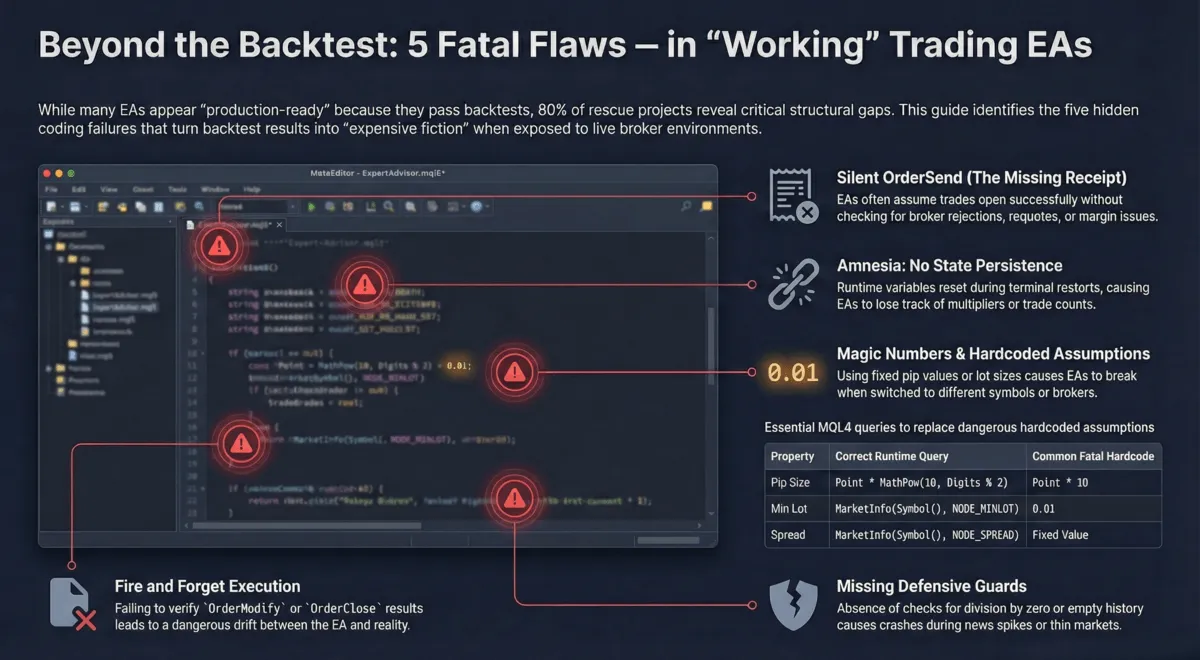 MetaEditor code view with five structural failure markers highlighted — silent OrderSend, missing state persistence, hardcoded assumptions, ignored execution feedback, and absent defensive guards