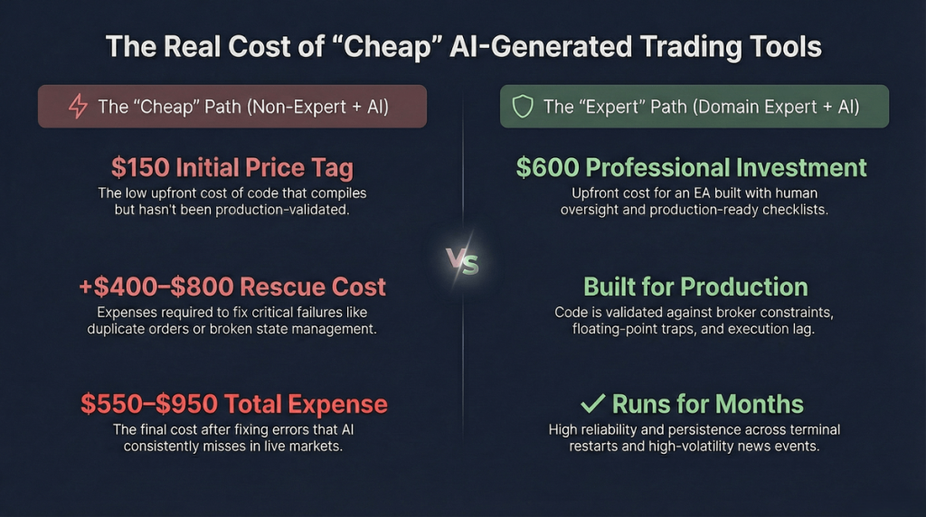 Cost comparison showing a $150 AI-only EA plus $400-$800 rescue totaling $550-$950 versus a $600 domain-expert build that runs reliably