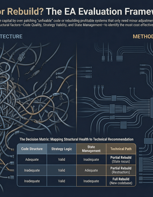 Tangled circuitry versus organized cable management — visual metaphor for the fix-or-rebuild decision in Expert Advisor development