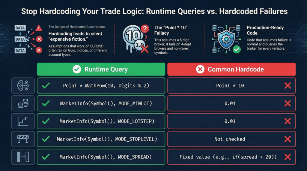 Comparison table showing MQL4 runtime symbol queries versus common hardcoded values that break across brokers