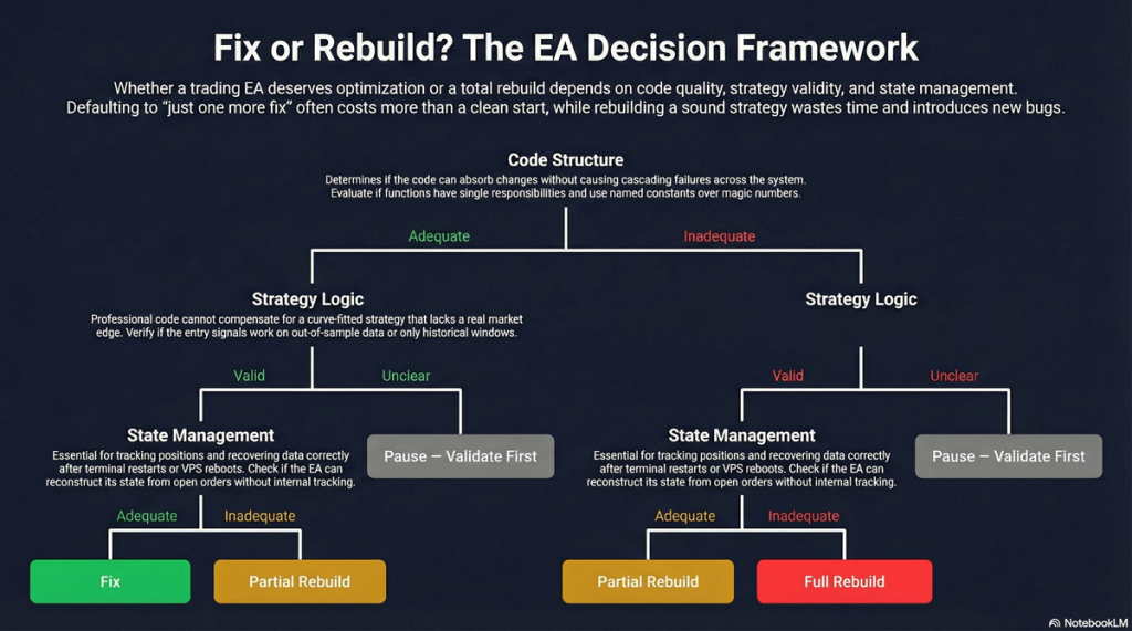 Three-factor decision flowchart for evaluating whether to fix or rebuild an Expert Advisor — branching through code structure, strategy logic, and state management