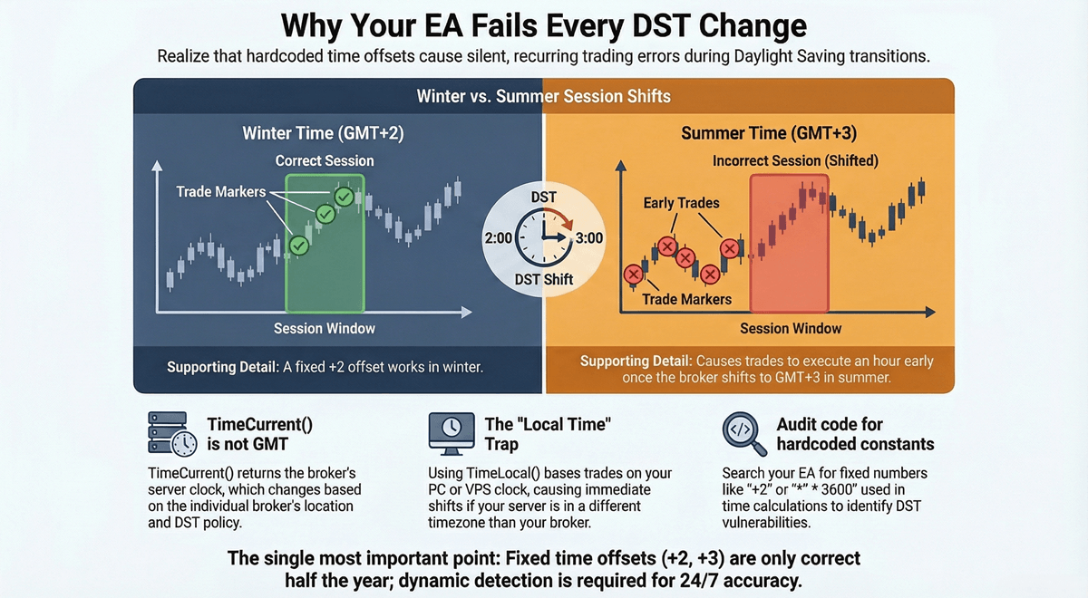 Split comparison showing EA session filter working correctly in winter time versus trading outside the allowed window after a DST clock change
