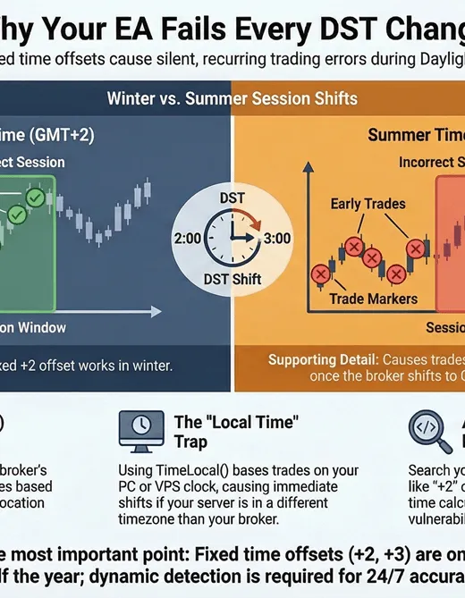 Split comparison showing EA session filter working correctly in winter time versus trading outside the allowed window after a DST clock change