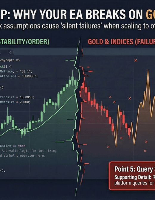 Split visualization showing clean EA code succeeding on EURUSD versus fragmented code failing on gold and index instruments