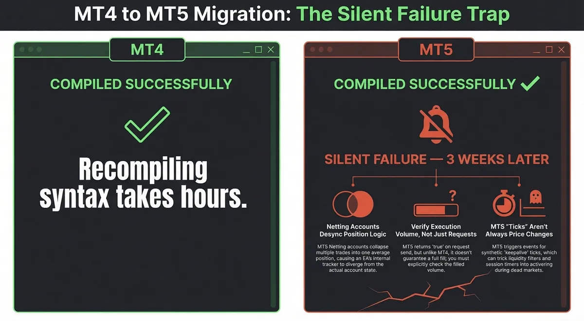 MT4 EA compiles successfully but fails silently in MT5 — three architectural failures that recompiling alone cannot catch