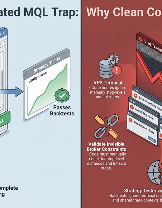 Split view showing clean MQL code compilation on the left versus a failing live trading terminal on the right, illustrating the gap between backtest success and production failure