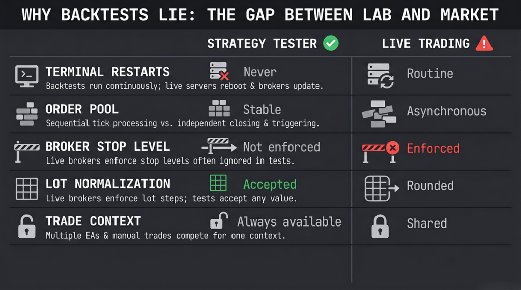 Comparison infographic showing six conditions that differ between MetaTrader Strategy Tester and live trading environments