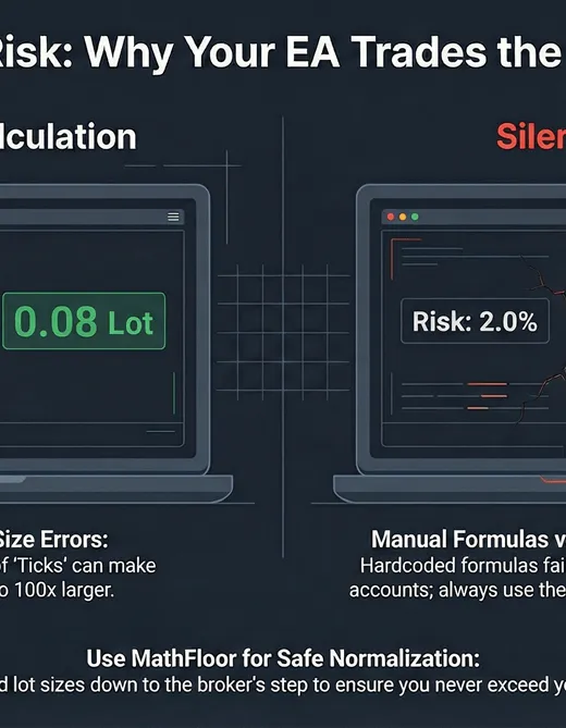 Two trading terminals showing identical 2% risk settings but different lot sizes — illustrating how silent EA lot size calculation errors cause actual risk to diverge from configured risk.