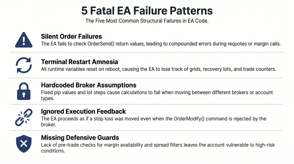 Five EA failure patterns found in code reviews: silent order failures, terminal restart amnesia, hardcoded broker assumptions, ignored execution feedback, and missing defensive guards