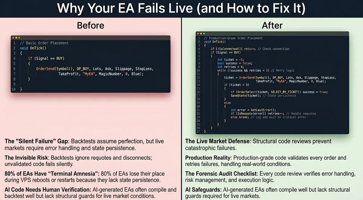 Before-and-after code comparison showing an EA's OrderSend call without error handling versus production-grade error handling with return value check and retry logic