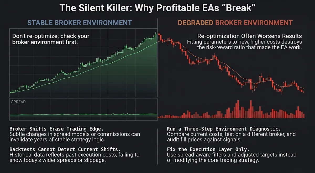Split comparison showing a stable EA equity curve with normal spreads versus the same EA with degraded performance after broker spread model changes