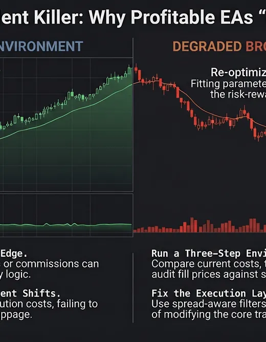 Split comparison showing a stable EA equity curve with normal spreads versus the same EA with degraded performance after broker spread model changes