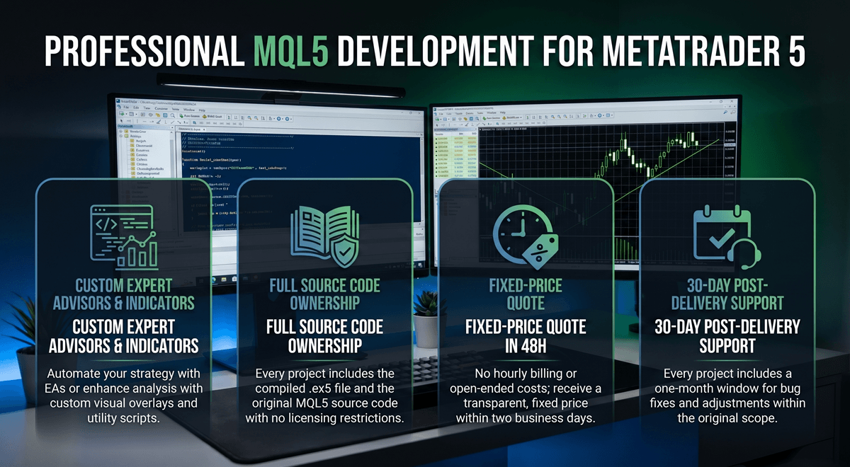 MQL5 programming service — MetaEditor code editor with CTrade MQL5 source code alongside MetaTrader 5 chart