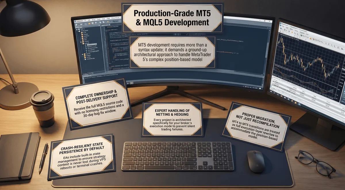MetaEditor IDE showing MQL5 code alongside a MetaTrader 5 chart with the position panel — professional MT5 programming workspace