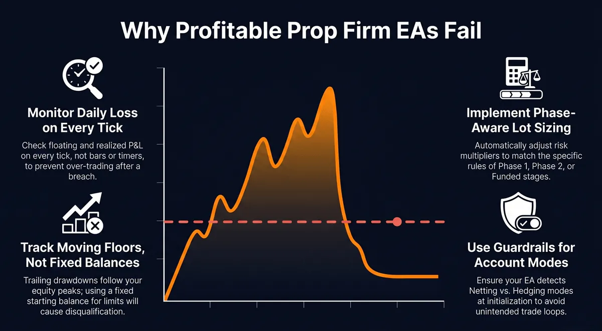 Equity curve breaching a prop firm trailing drawdown floor — illustrating how a compliant EA must track a moving floor, not a fixed one