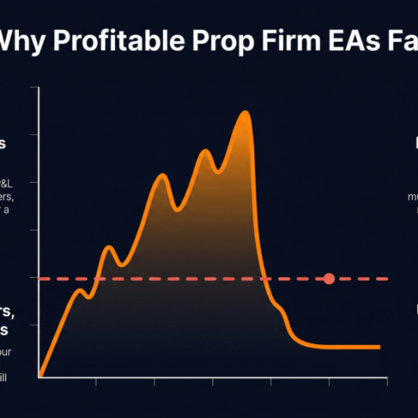 Equity curve breaching a prop firm trailing drawdown floor — illustrating how a compliant EA must track a moving floor, not a fixed one