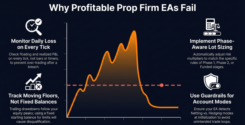 Equity curve breaching a prop firm trailing drawdown floor — illustrating how a compliant EA must track a moving floor, not a fixed one
