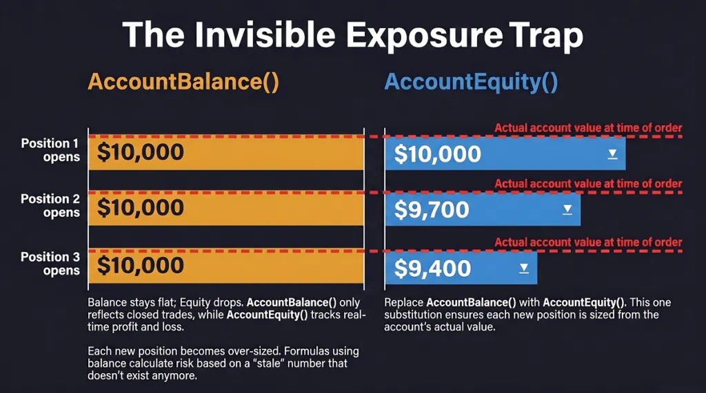 Diagram showing AccountBalance() returning $10,000 flat while AccountEquity() drops to $9,700 then $9,400 as three consecutive positions open with unrealized losses