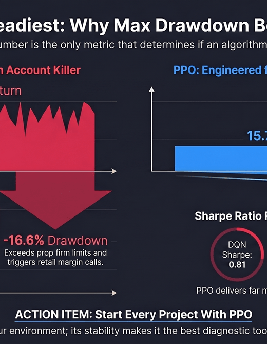 Side-by-side comparison of DRL algorithm drawdown profiles: high-return algorithm with severe drawdown versus lower-return algorithm with minimal drawdown