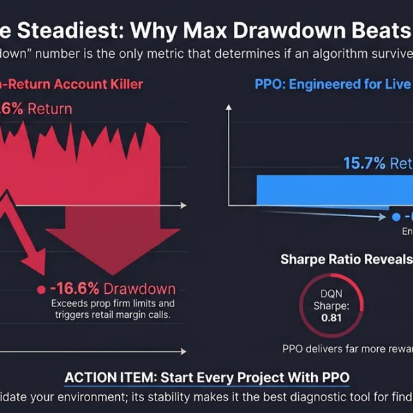 Side-by-side comparison of DRL algorithm drawdown profiles: high-return algorithm with severe drawdown versus lower-return algorithm with minimal drawdown