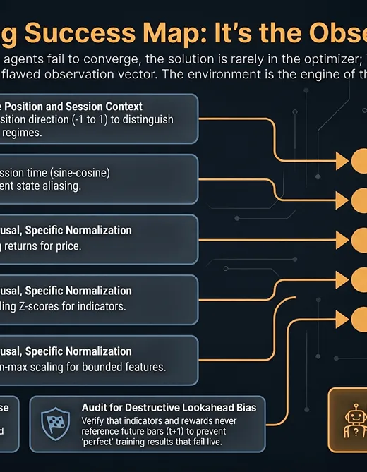 Diagram showing observation vector feature categories feeding into a DRL trading agent neural network input layer