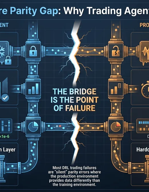 Diagram showing the structural gap between a DRL training pipeline and its production bridge deployment, representing the feature parity problem in live trading.