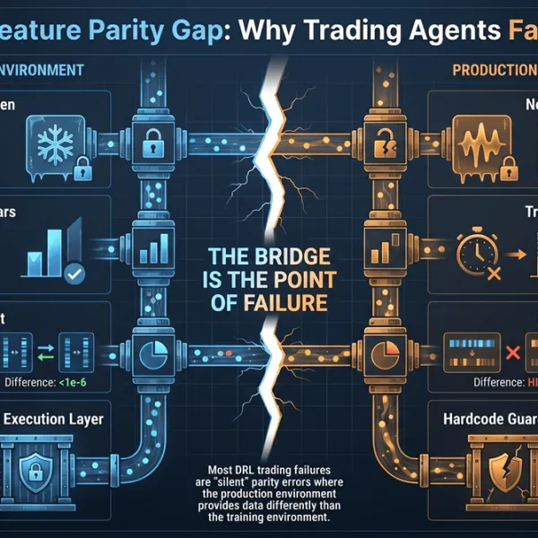 Diagram showing the structural gap between a DRL training pipeline and its production bridge deployment, representing the feature parity problem in live trading.