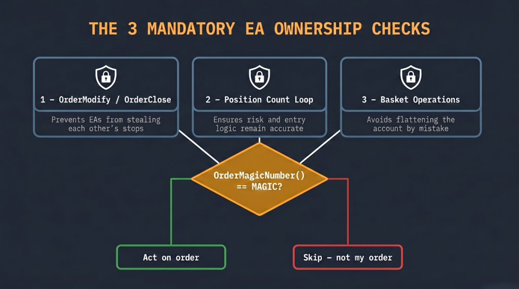 Architecture diagram of an expert advisor showing the three mandatory locations for OrderMagicNumber ownership verification: before OrderModify/OrderClose, inside position-count loops, and in basket-level operations