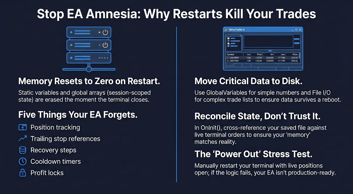 MetaTrader terminal reconnecting after VPS restart with duplicate EA positions open — illustrating state loss on restart