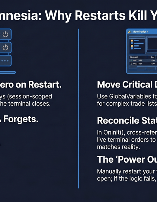 MetaTrader terminal reconnecting after VPS restart with duplicate EA positions open — illustrating state loss on restart
