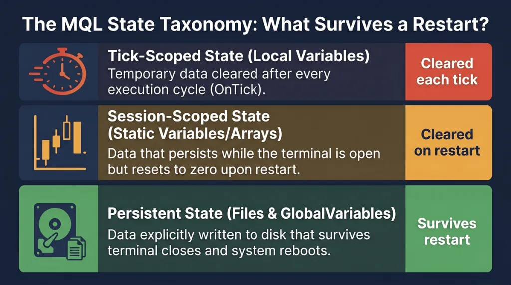Three-tier MQL state taxonomy diagram showing tick-scoped, session-scoped, and persistent state with survival characteristics
