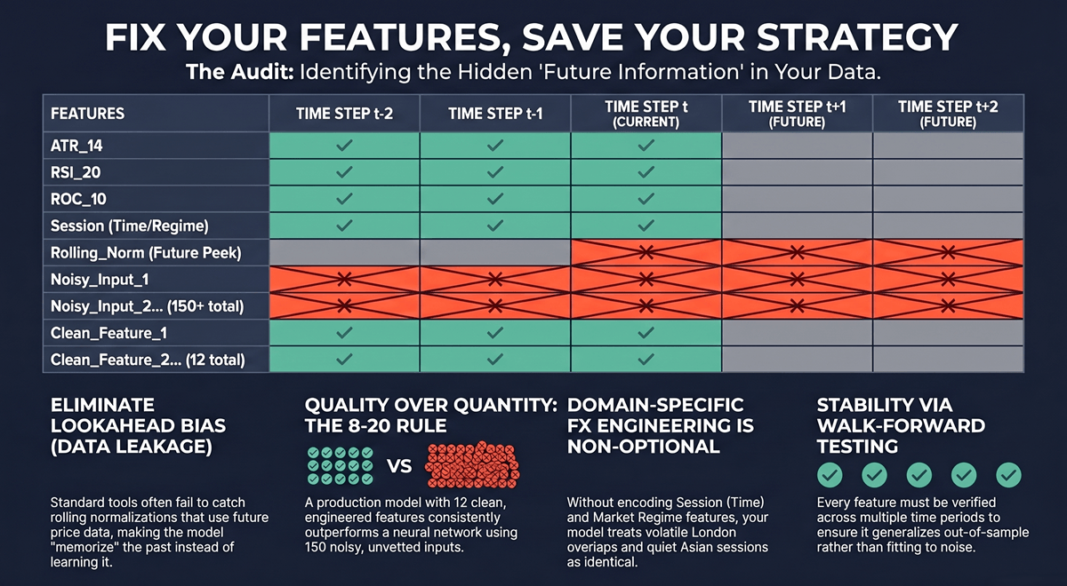 Feature matrix showing accepted ML trading features in green and lookahead-biased features flagged in red — illustrating the feature engineering audit process for forex trading systems.