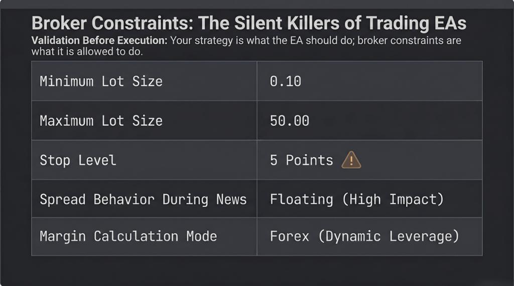 MetaTrader symbol specification panel showing five broker constraint parameters that must be validated before EA development begins, with the Stop Level row highlighted to indicate a common source of live-trading failures