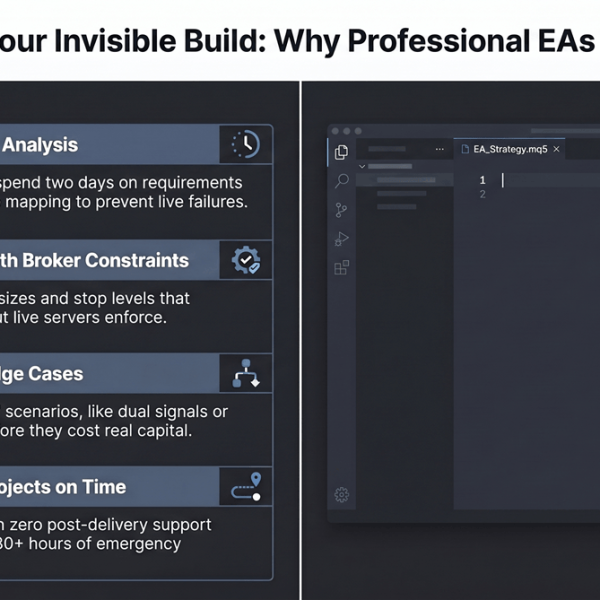 Illustration showing a requirements analysis grid on the left and an empty code editor on the right, representing the analysis work MT4 programmers complete before writing EA code