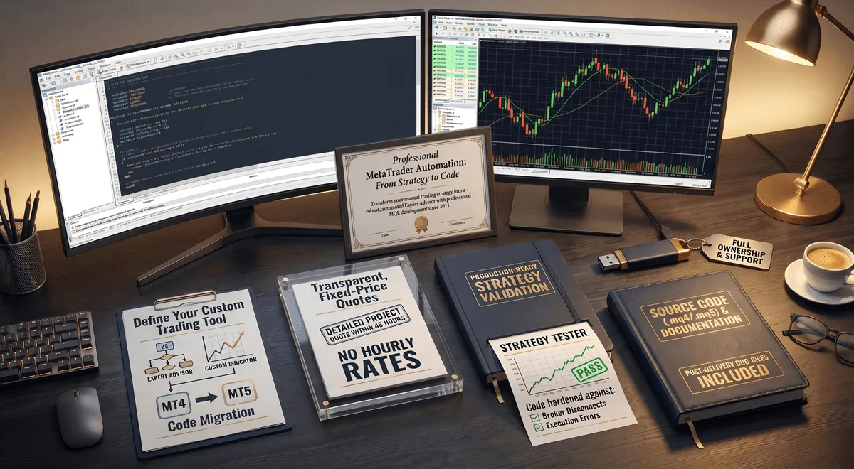 MetaEditor IDE showing MQL4 code alongside a MetaTrader 4 chart with a running Expert Advisor — professional MT4 programming workspace