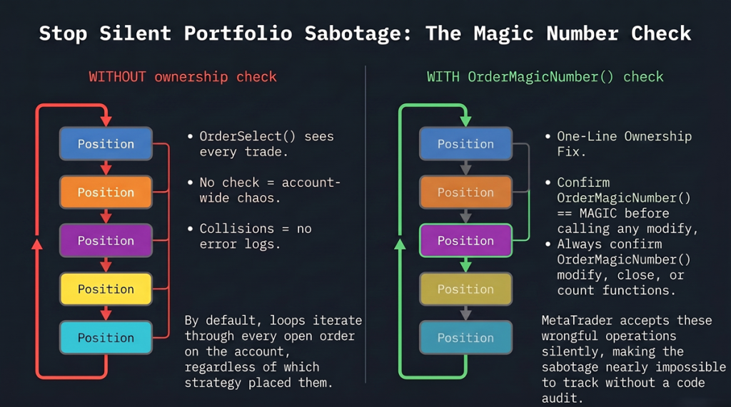 Side-by-side flowchart: an OrderSelect loop without an ownership check acts on all 5 positions in the pool; the same loop with OrderMagicNumber() verification acts only on the 1 position belonging to this EA