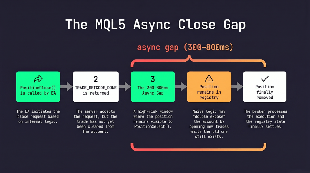 Timeline diagram showing five stages of CTrade PositionClose execution, with the 300 to 800 millisecond async gap between TRADE_RETCODE_DONE and actual position removal highlighted