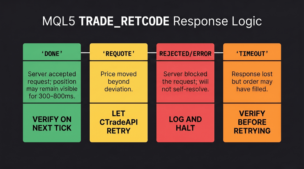 Decision flowchart for four MQL5 TRADE_RETCODE values — DONE, REQUOTE, REJECTED, and TIMEOUT — showing the correct developer response for each