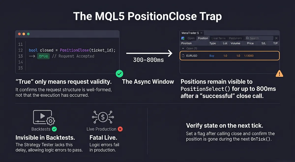 Split diagram showing CTrade PositionClose returning true while the MT5 position remains open, with a 300–800ms async gap between request acceptance and position closure